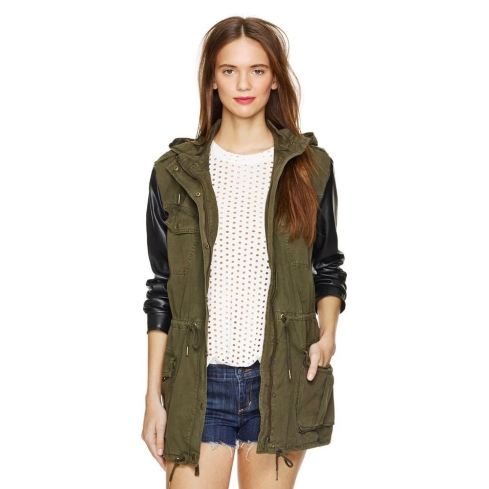 Talula Aritzia Balfour Trooper Military Utility Jacket Green Faux Leather Sleeve